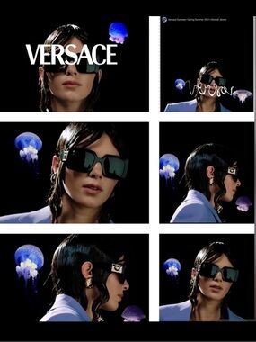 Versace Glossy Black Rectangular Sunglasses with Gold Medusa Temples in their ad